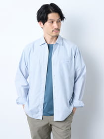 ポリエステルリネンストライプ夏長シャツ