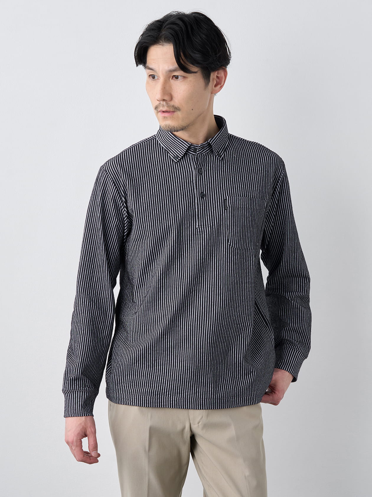 【早割30%OFF対象】サッカーストライプ長袖ポロシャツ